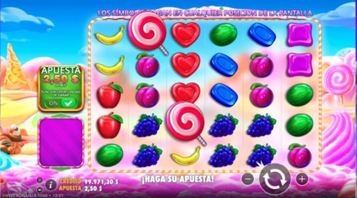 Sweet Bonanza 1000 slot con scatters en los rieles del juego base